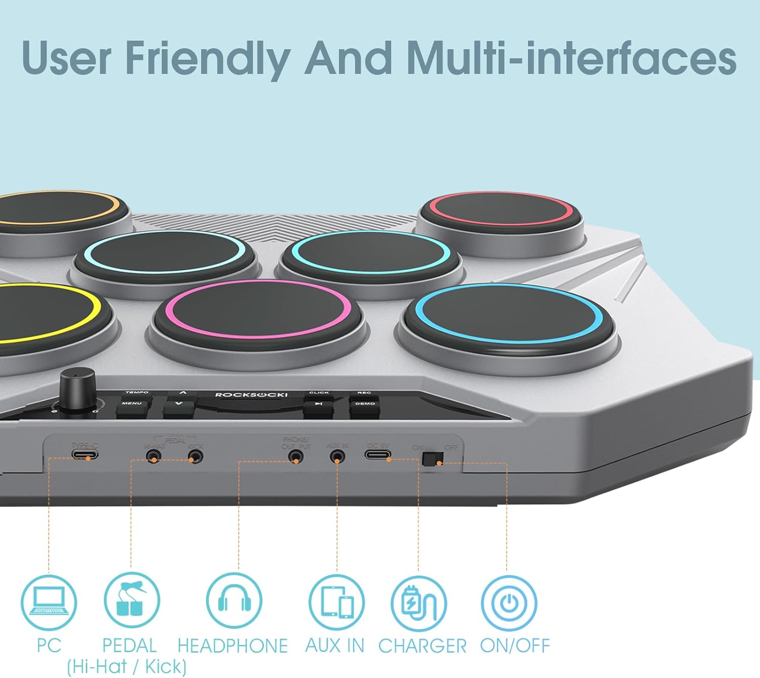 ROCKSOCKI Electronic Tabletop Drum Set, Portable Digital Drum Kit 7 Velocity Sensitivity Drum Pads, LED Music Level Light, USB-MIDI Mac & PC Support, Ideal Gift for Adult and Beginners