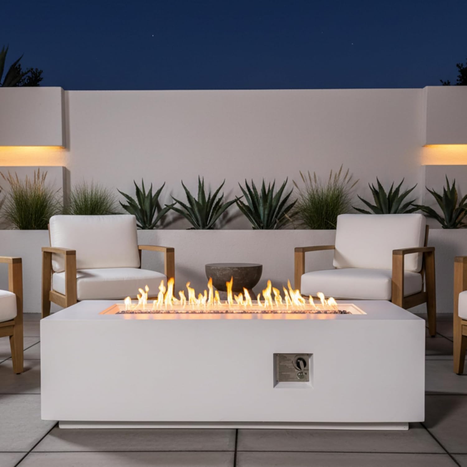 GOWE Outdoor Rectangle Propane Fire Pit Table 60inch, 60,000 BTU Concrete Fire Table with Waterproof Cover, Auto-Ignition, Free Lava Rocks,White