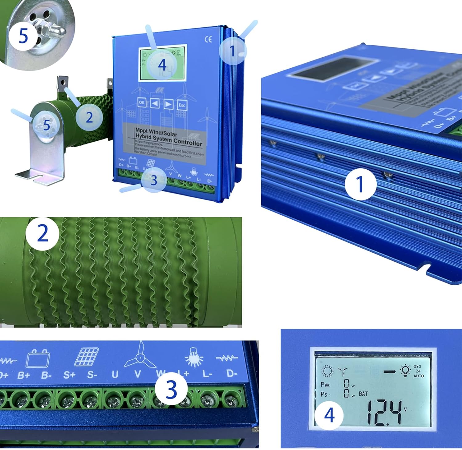 1000W Wind Solar Hybrid MPPT Charge Controller,12V 24V 48V Auto Regulator with Dump Load for 500W Wind Turbine Generator 500W Solar Panel ,24V