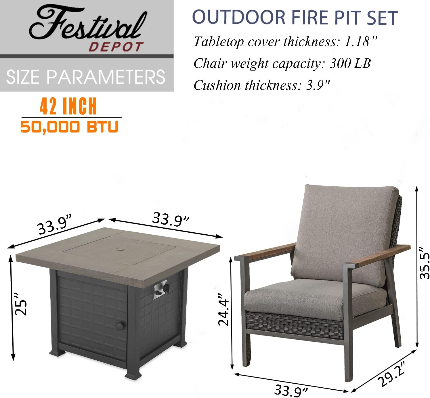 Fire Pit Table Set of Propane Fire Table and 4 Wicker Chairs with Thick Cushions and Rattan Back for Grey