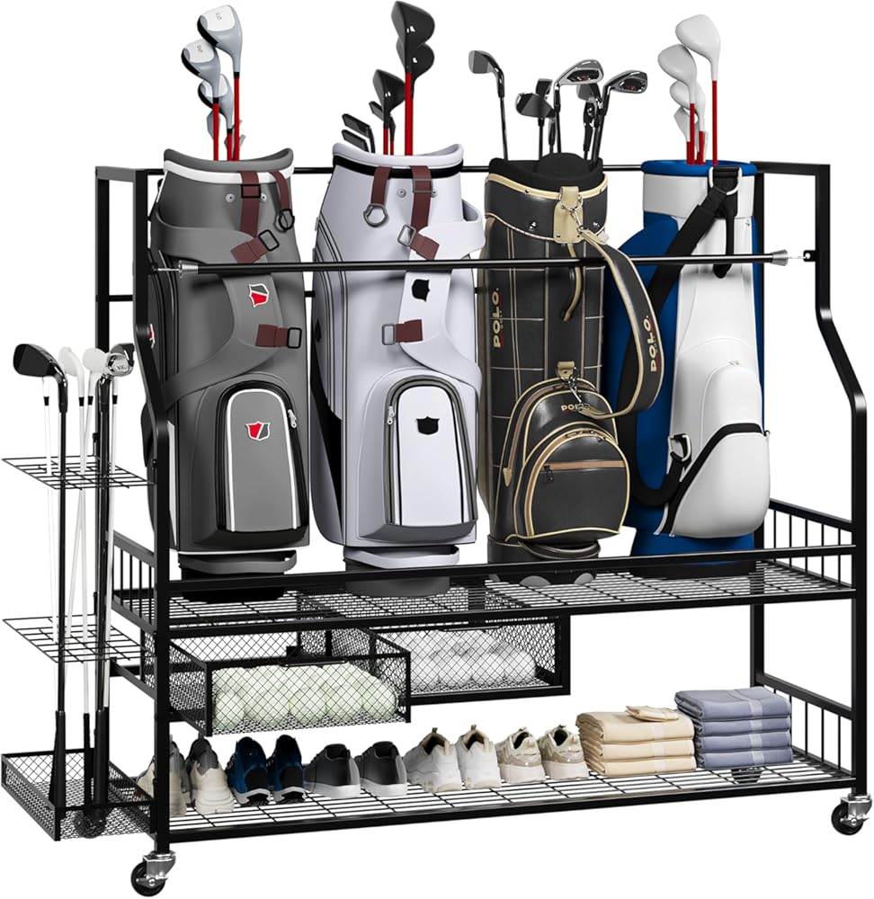 Golf Bags Storage Garage Organizer,Golf Bag Stand for 4 Golf Bags, Clubs, Balls, Golf Equipment Accessories, Golf Bag Storage Rack with Wheels