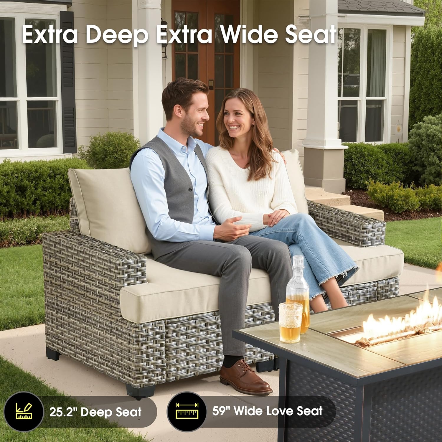 Rattan Patio Furniture Set with Fire Pit Table,9 Pieces Outdoor Sectional with Swivel Chairs Ottoman,Out Door Furniture Conversation Set,Beige