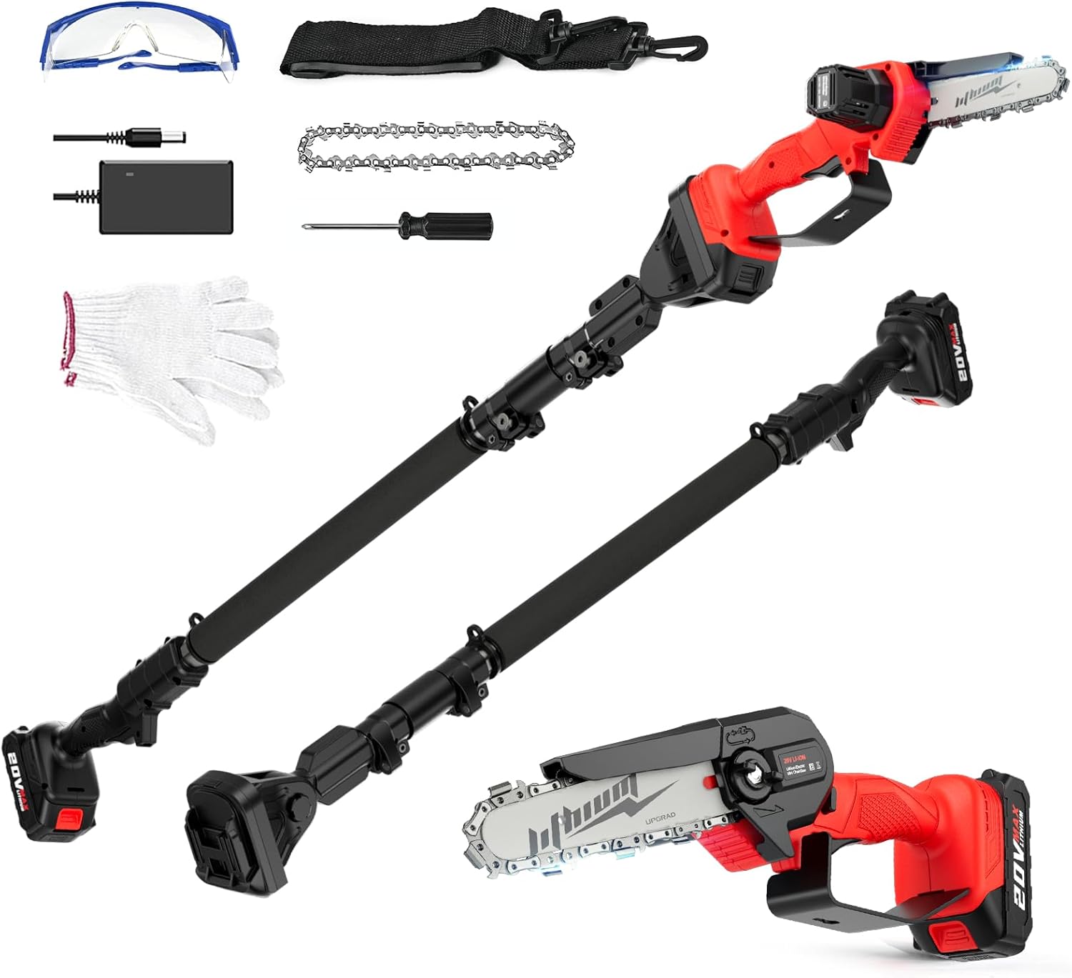 2-in-1 Electric Pole Saw/Cordless Pole Saw& Pruner Brushless Motor,20v Lithium Battery, Extendable to 8.6ft for High Tree Trimming. Lightweight & Powerful Gardening Tool-Perfect Valentine's (red)