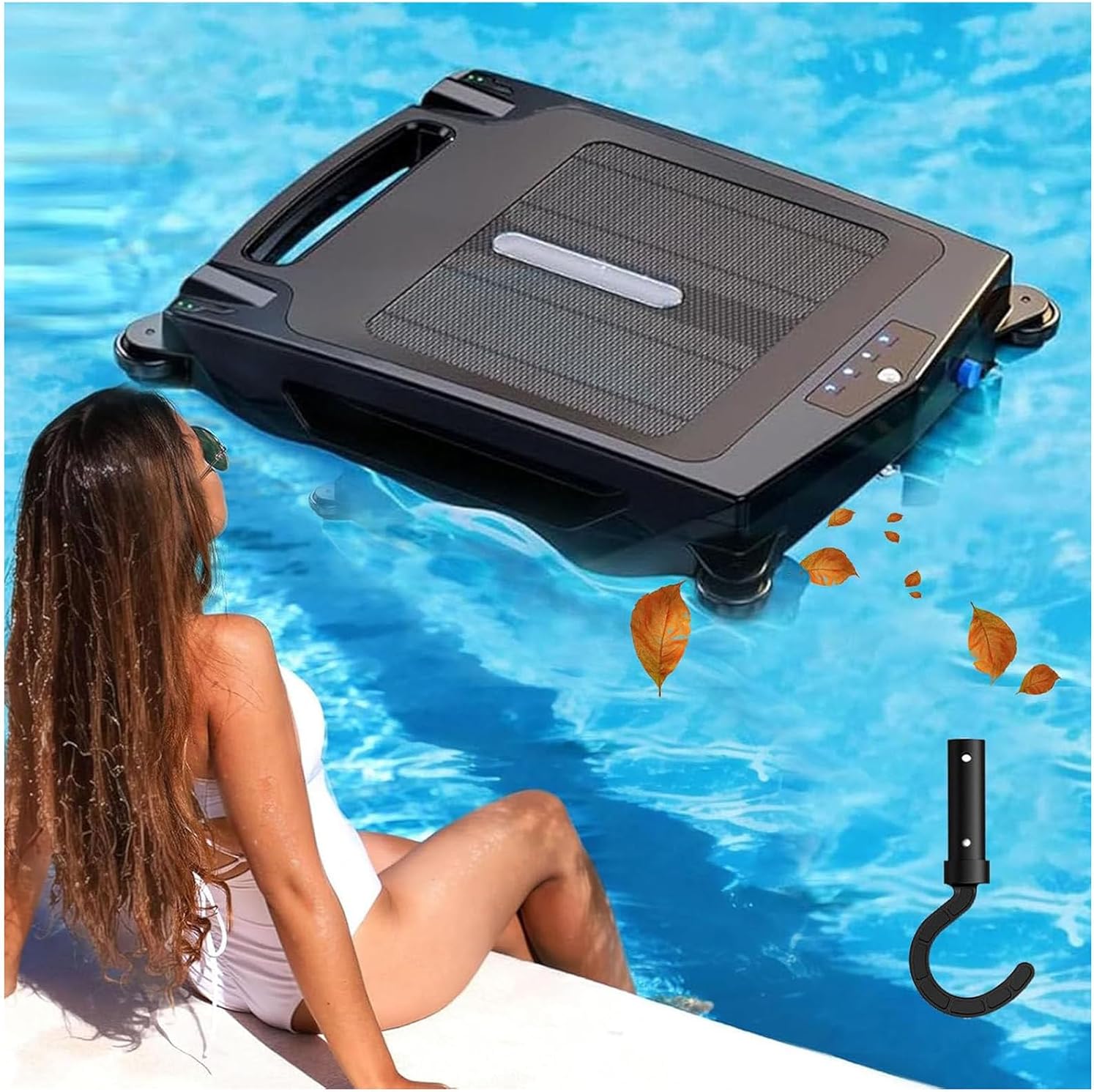 Solar-Powered Robotic Automatic Pool Skimmer Cleaner,Rechargeable Pool Surface Skimmer Robotic,Automatic Pool Vacuum Cleaner with Auto Obstacle Avoidance