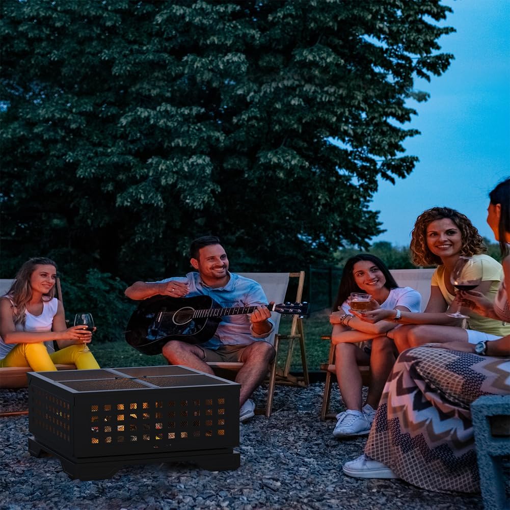 21.7 Inches Foldable Portable Square Fire Pit, Black, Wood Burning, Modern Style