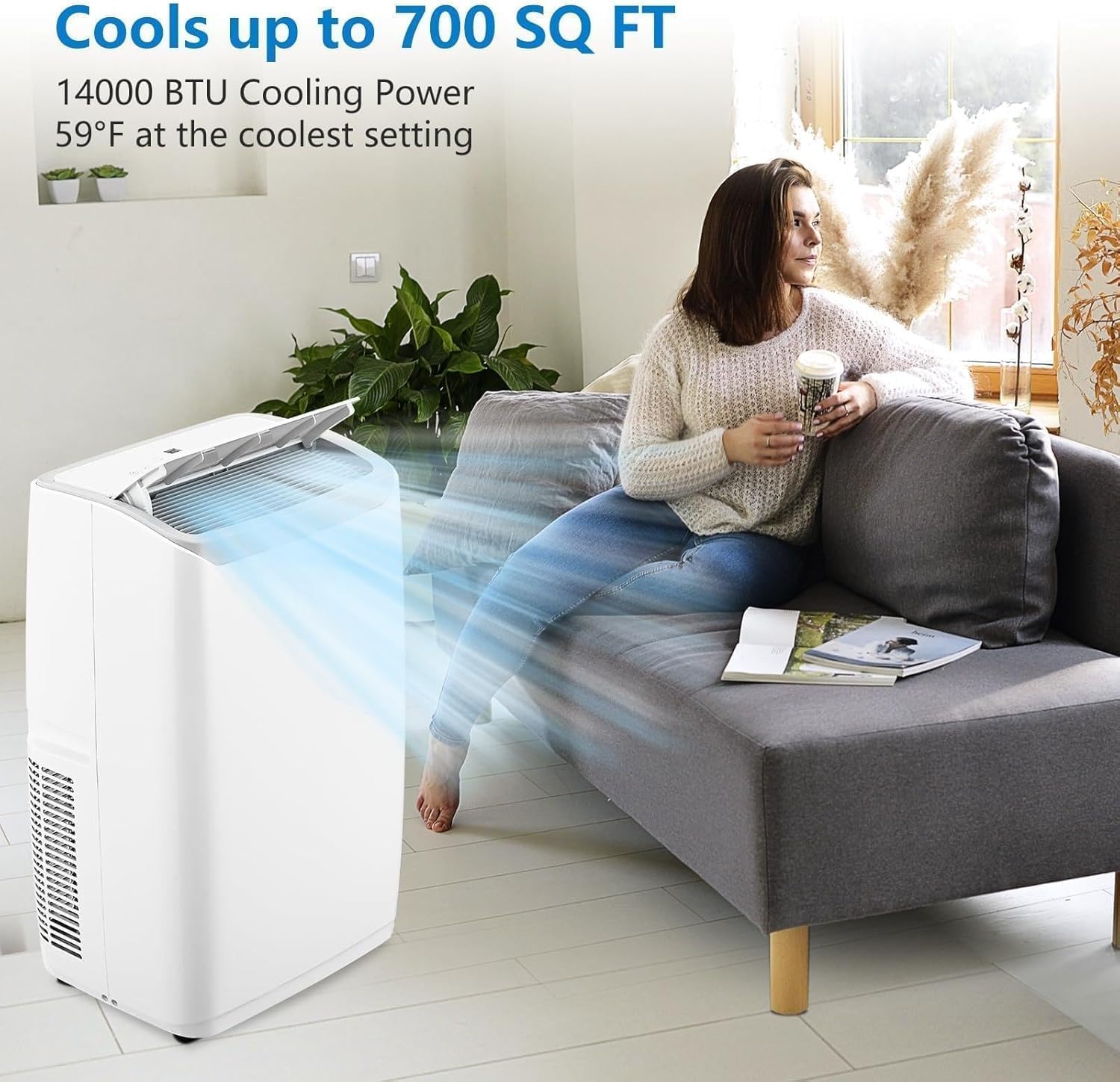 14000 BTUs Portable Air Conditioners, 3-in-1 Free Standing Cooling AC Unit with Fan & Dehumidifier, Cools Room up to 750 Sq.Ft., Smart/Sleep Mode, Remote Control & 24H Timer for Bedroom