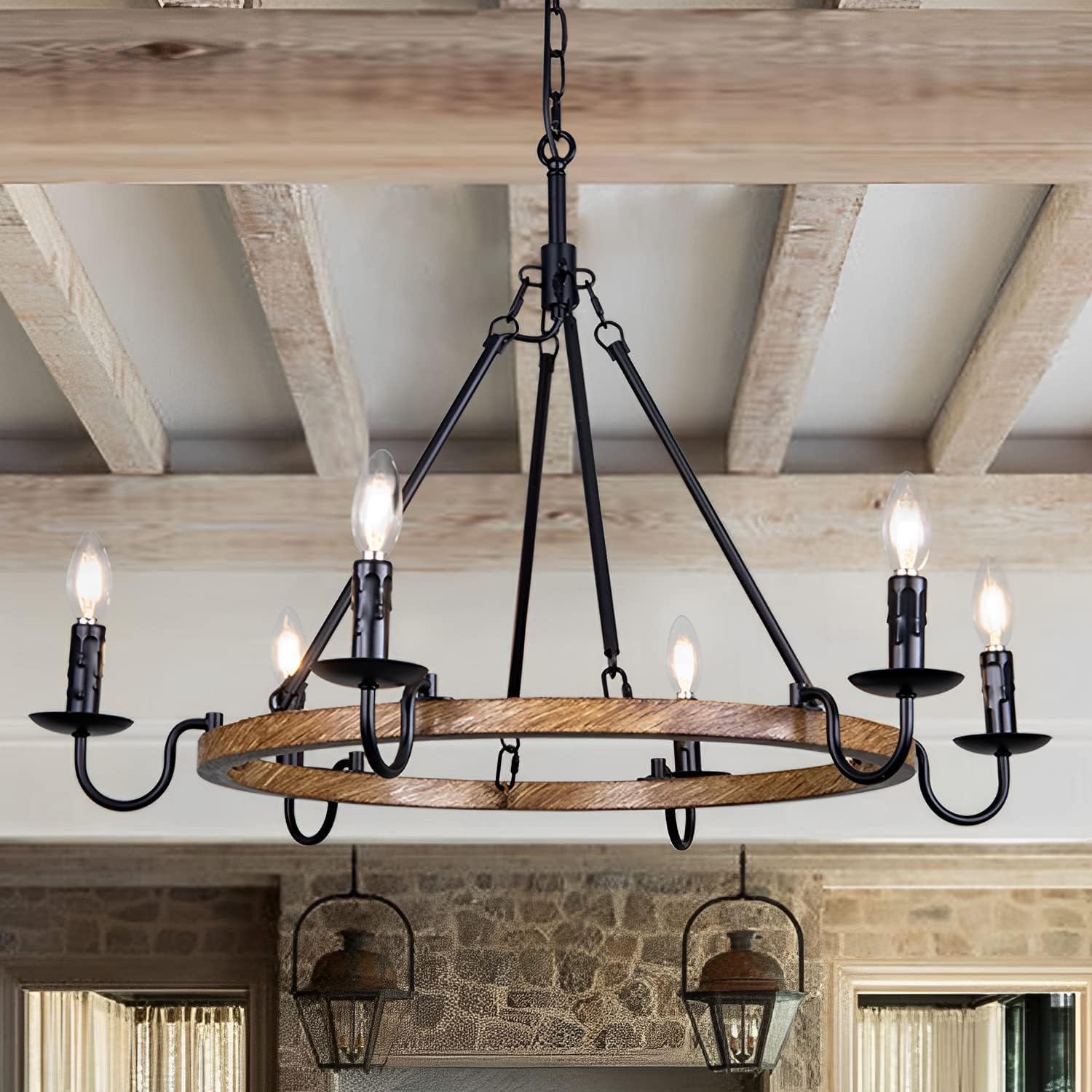 Wellmet Rustic Wagon Wheel Chandelier, Farmhouse Wood Painted Black Wagon Wheel Chandelier, 6-Light Candle Wheel Pendant for Dining Room, Living Room, Bathroom, Bedroom, Entryway, Hallway, 30''W