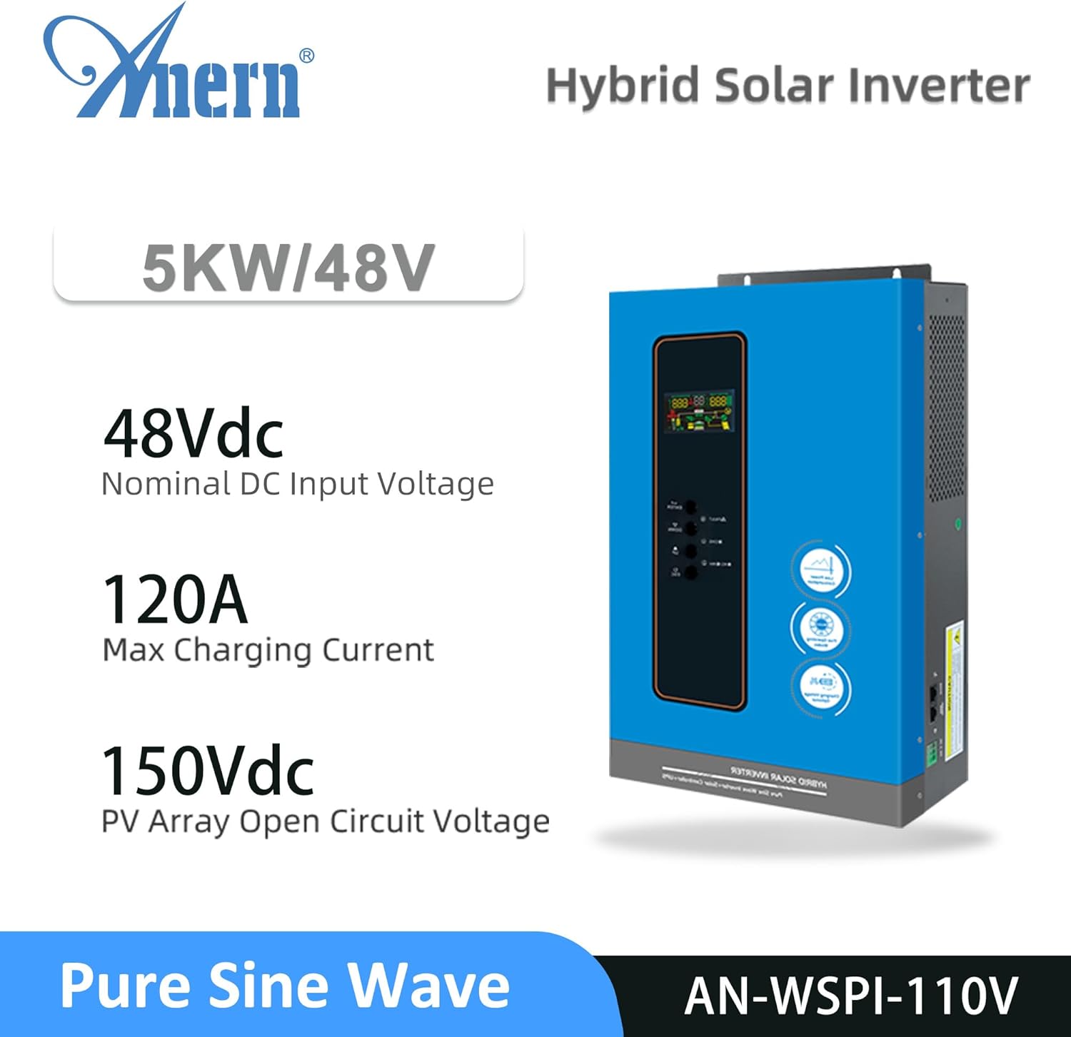 Anern 5000W Off Grid Solar Inverter 48Vdc to 120V, Pure Sine Wave Inverter Built in 120A MPPT Solar Charge Controller Max PV Input 6400W, Work with 48V Lead Acid and Lithium Batteries or Battery-Less