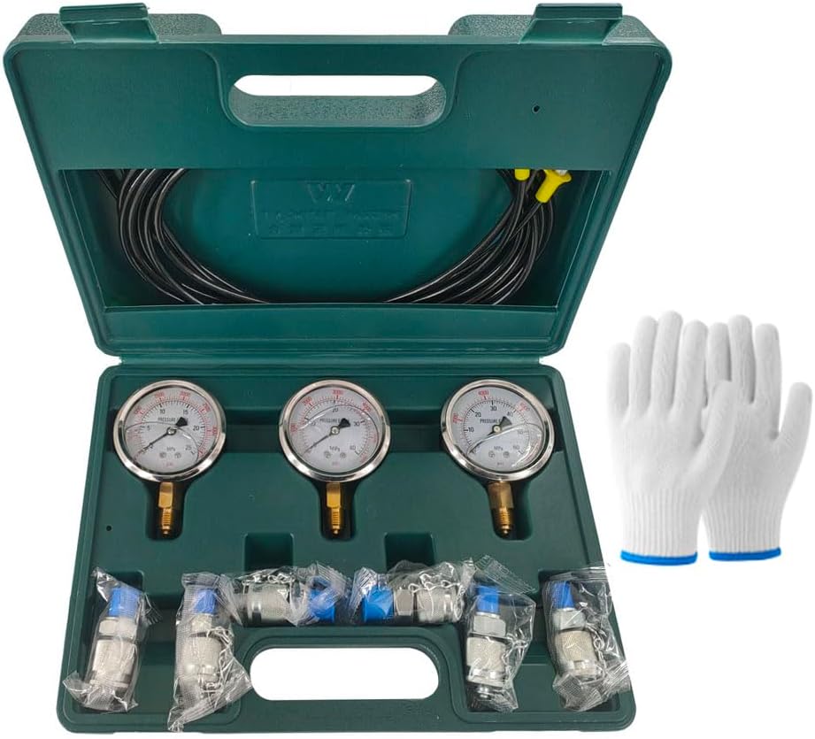 Shkalacar Hydraulic Pressure Test Kit, 25/40/60MPa 3 Gauges, 6 Test Couplings 3 Test Hose for Excavator Construction Machinery Ships Mine, Excavator Parts Coupling Hydraulic Pressure Gauge Kit