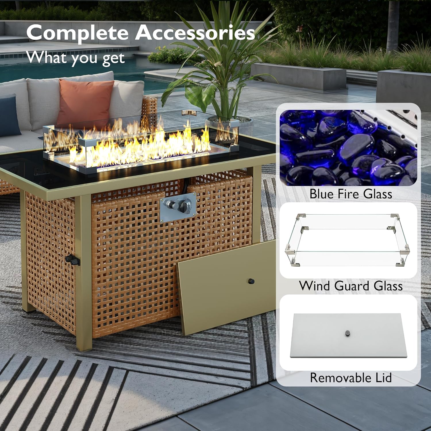 43-Inch Propane Fire Pit Table, Outdoor Gas Fire Table with Glass Wind Guard, 60000 BTU Rectangular Open Weave Wicker Fire Pit for Outside Patio Deck Garden Backyard- Orange & Mustard Yellow