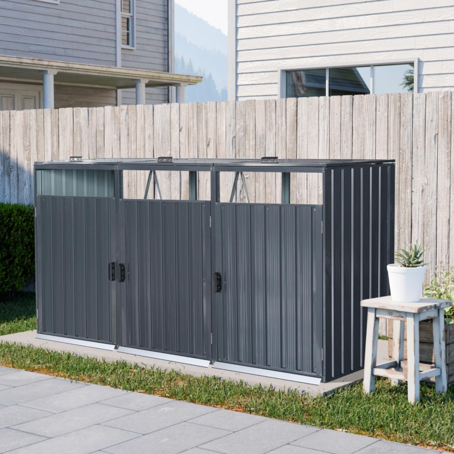 Galvanized Steel Garbage Bin Shed for Outdoor Storage, Metal Trash Can Enclosure Holds 2/ Bins, Garden Yard Lawn Utility Shed with Lockable Doors (Black,3 Doors)