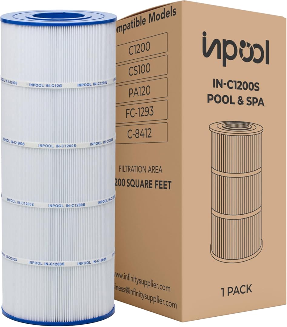 IN-C1200S – Pool Filter and spa Filter Cartridge, Compatible with Hayward C1200, Pleatco PA120, Filbur FC-1293, Unicel C-8412, Ultra-B2,120 Square feet for in ground Pools,1 Pack (Pack 1)