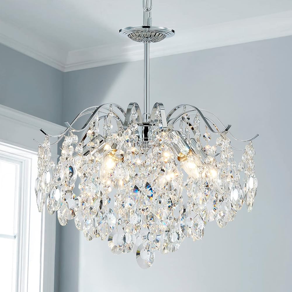 AGV LIGHTING CH012S K9 Crystal Chandelier, 6-Lights Modern Pendant Light Fixture for Living Space, Clear Crystal & Chrome Finish Frame