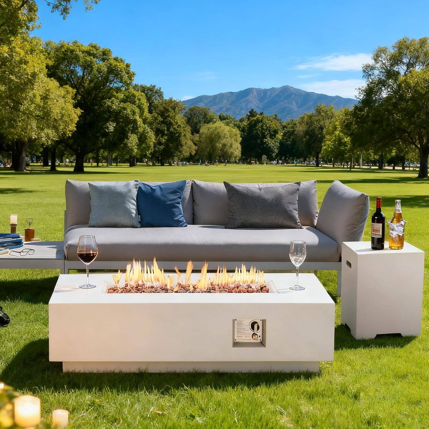 ECOTOUGE 2-Piece 56Inch Outdoor Propane Fire Pit Table Set with 20 Gallon Gas Tank Side Table, 50,000 BTU Rectangular Concrete Fire Pit, w/Weather Rust-Resistant Cover, Outdoor Furniture