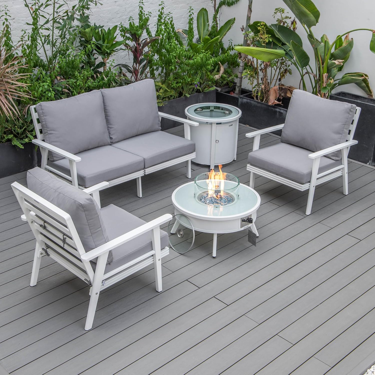 LeisureMod Walbrooke Modern Aluminum 5-Piece Patio Conversation Set with Outdoor Round Firepit Side Table Tank Holder, Grey