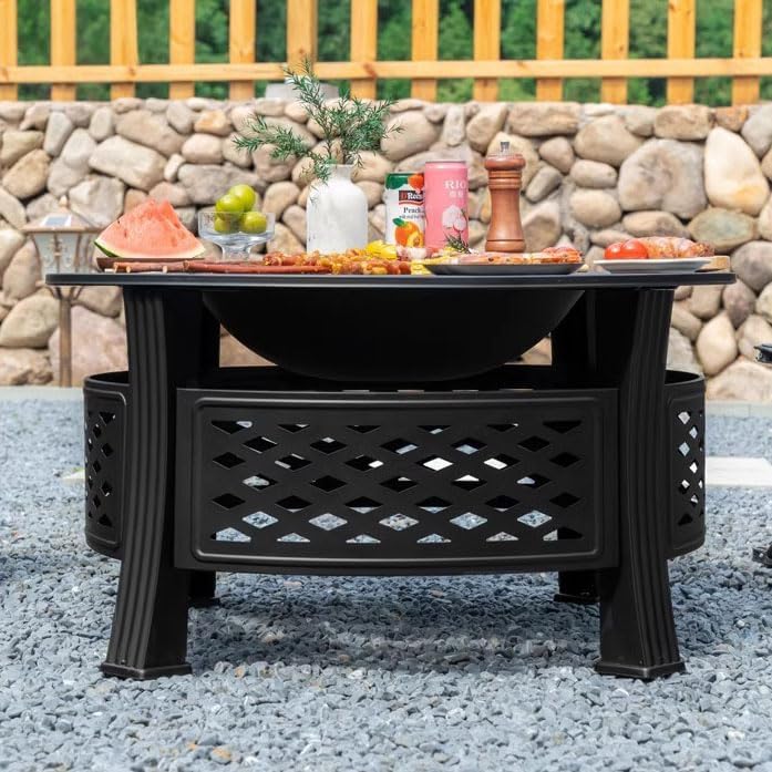 31.5 Inch Fire Pit with Grill, Wood Burning Fire Pits for Outside Garden with Lid, Fire Poker, BBQ & Outdoor Firepit & Round Metal Table for Camping, Picnic, Bonfire, Patio, Picnic, Party