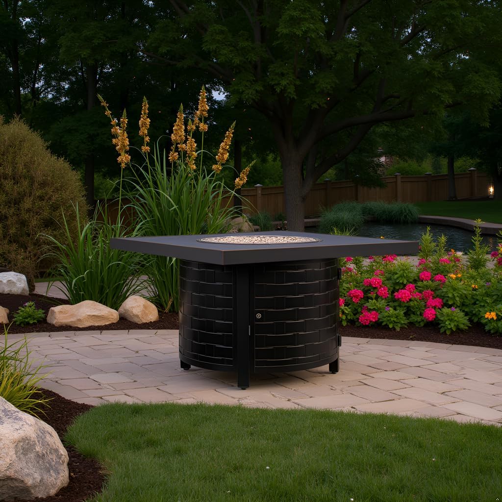 Square LPG/NG Gas Fire Pit Table 55K BTU w/Burner Lid, Cover, Fire Glass #65153