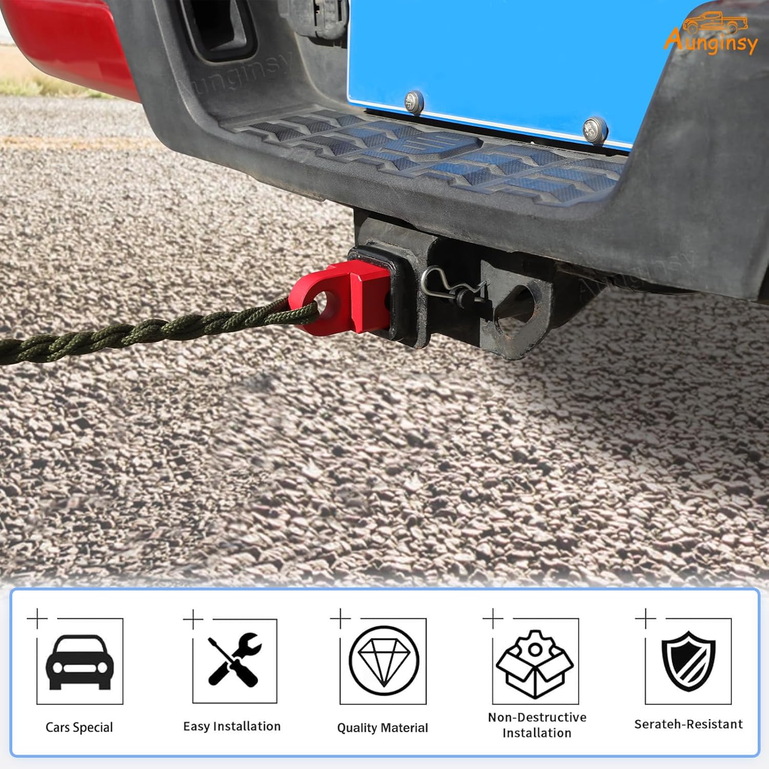Aunginsy Tow Hitch Receiver Hook with Tightener Compatible with Toyota Tacoma 2016-2023 Accessories, Car Shackle Mount Trailer Hitch Lock Pin Heavy Duty Solid Recovery Towing Kit for Trucks, Red