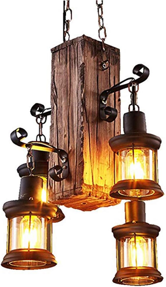 Industrial Vintage Wooden Hanging Pendant Light Retro Loft Lantern Chandelier 4 Lights Suspension Lighting Fixture for Coffee Shop Restaurant Black