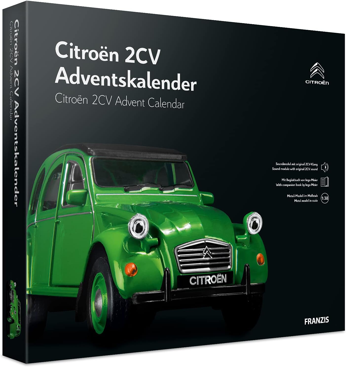 FRANZIS 55154 Citroen 2CV Advent Calendar Green Metal Model Kit in Scale 1:32 Includes Sound Module and 50 Page Accompaniment Book