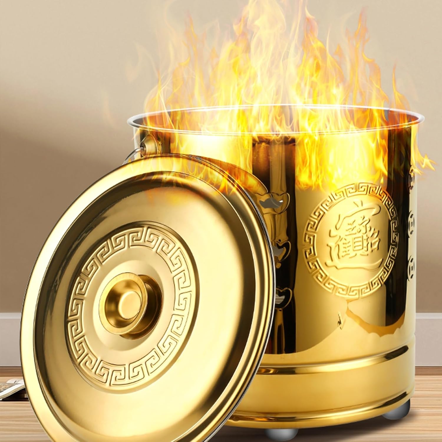 Garden Stainless Steel Outdoor Smokeless Burn Barrels Outside Incinerator Fire Pit for Burning Trash, Burn Cage with Fire Hooks & Handle Bonfire Incineration Barrel for Backyard Leaf Paper Wood.(Gold,