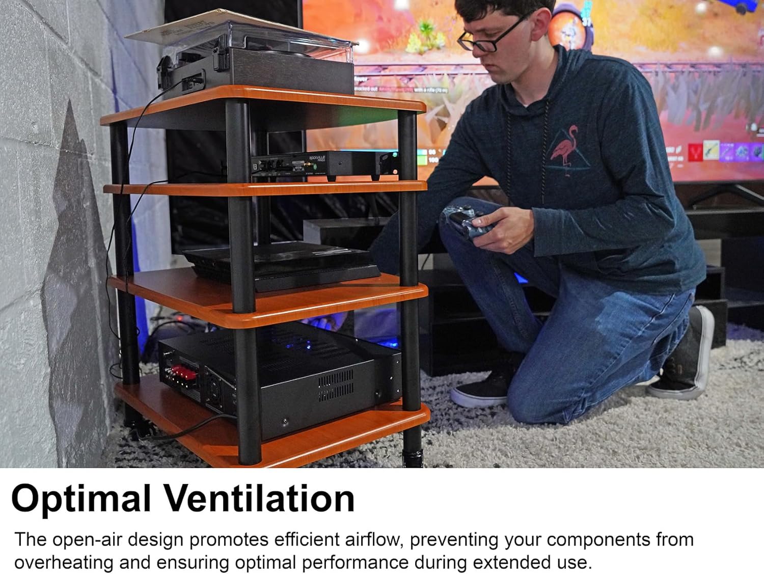 Rockville FLX Classic Wood Adjustable Height 4 Shelf A/V Rack Stand, Expandable Design, for Home Theater