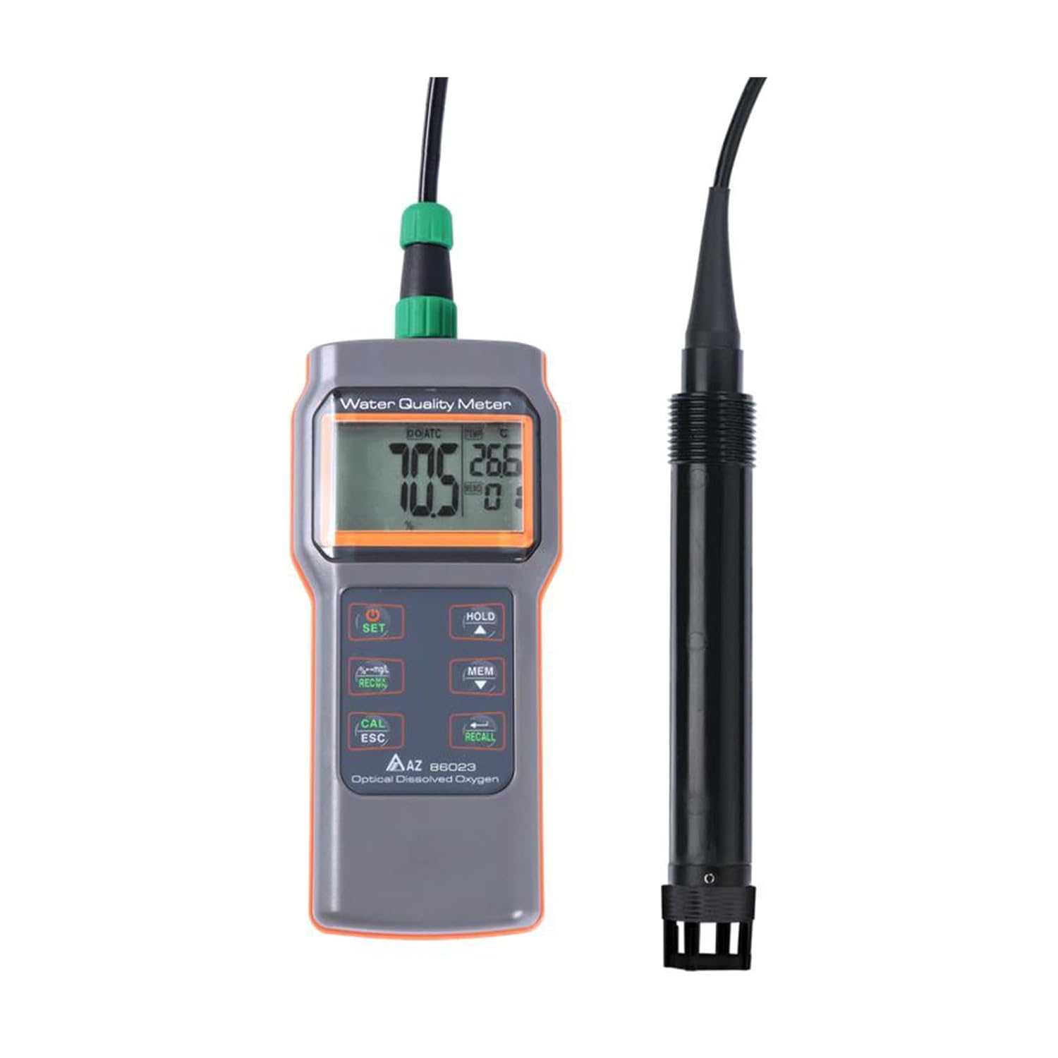 AZ-86023 Optical Dissolved Oxygen Meter Tester Water Quality Meter D.O Meter Temperature Meter with Fluorescent Optical DO Probe, Auto Temperature, Manual Salinity & Barometric Pressure Compensation