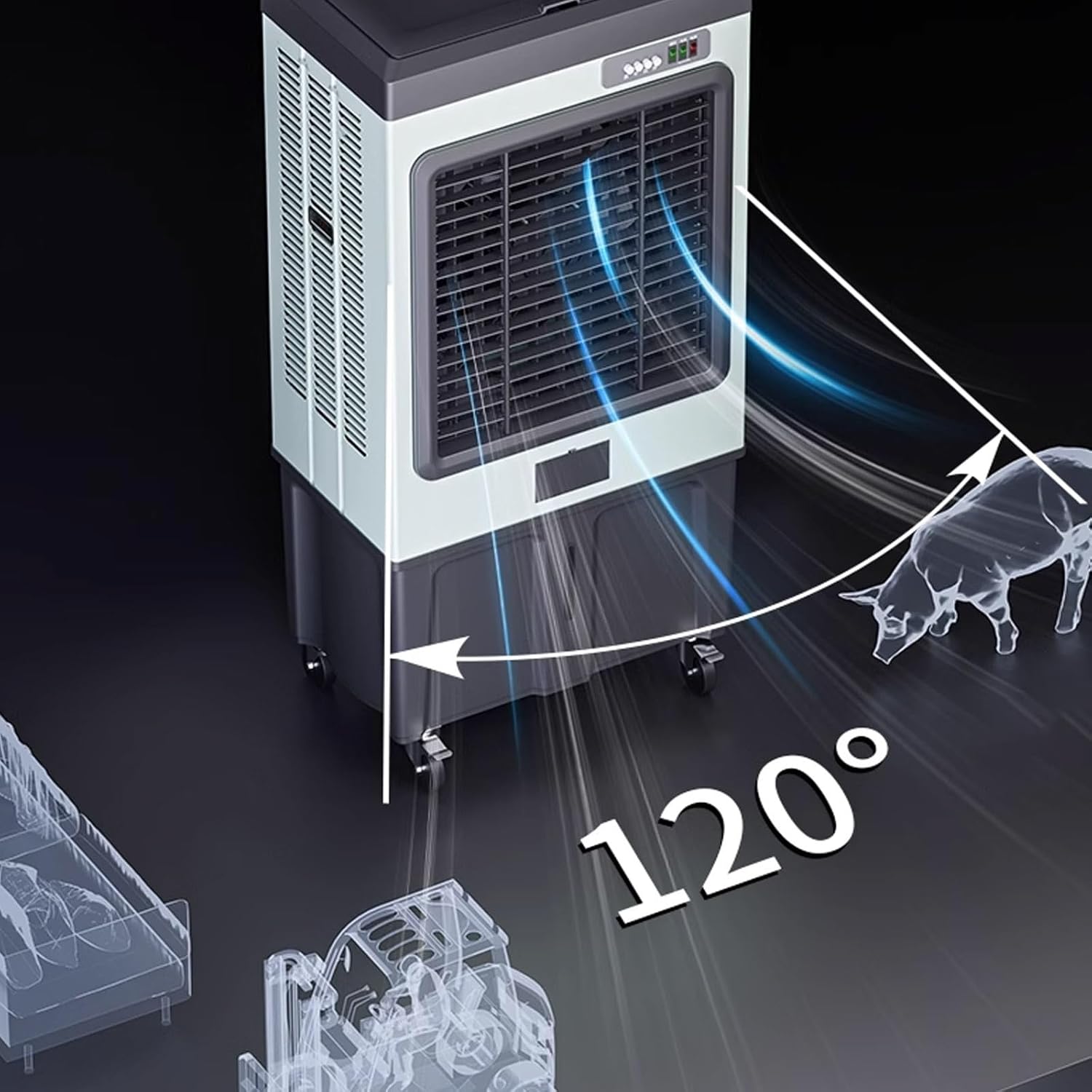 Generic Swamp Cooler Air Conditioner Metal Body 3 Speeds 120° Oscillation with 100L Water Tank with Universal Wheels 4 Ice Packs for Outdoor Indoor Use, FGGGURBDC-HEIGHT130CM/100L