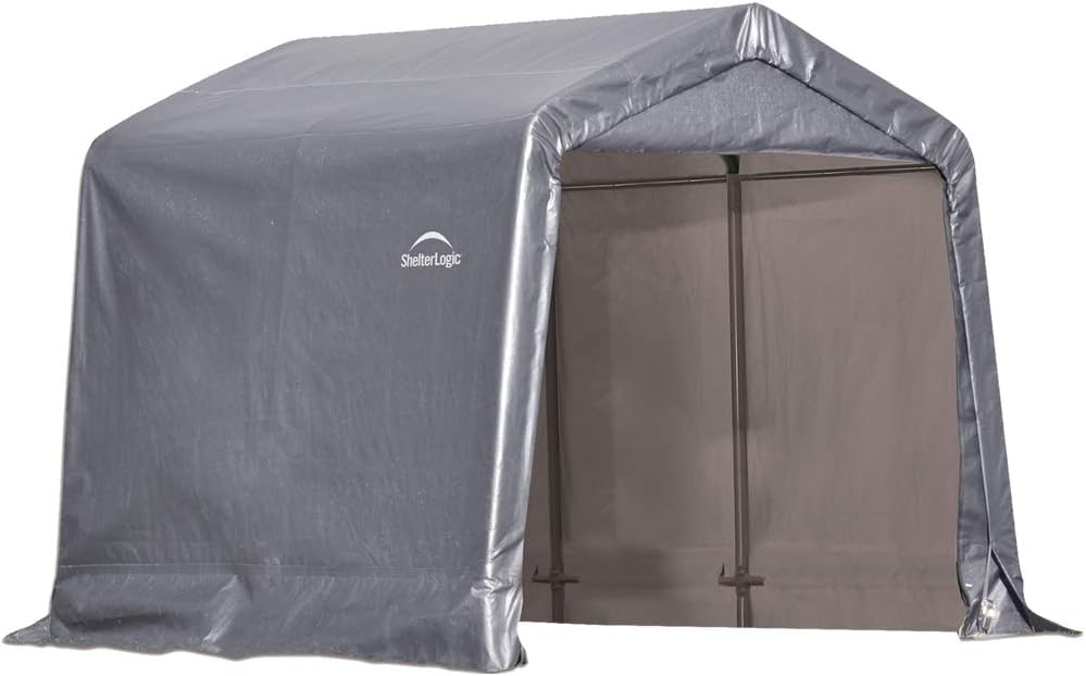 ShelterLogic 8' x 8' x 8' Shed-in-a-Box All Season Steel Metal Peak Roof Outdoor Storage Shed with Waterproof Cover and Heavy Duty Reusable Auger Anchors