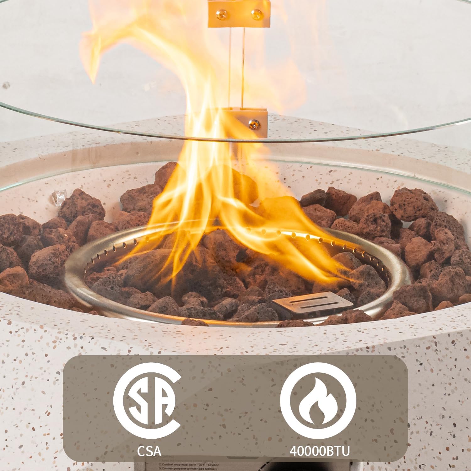 SUNBURY Outdoor Propane Fire Pit Table, 28 Inch Patio Gas Fire Table 50,000 BTU Small Fire Pit for Outside in Spotted White w Glass Wind Guard, Lava Rocks