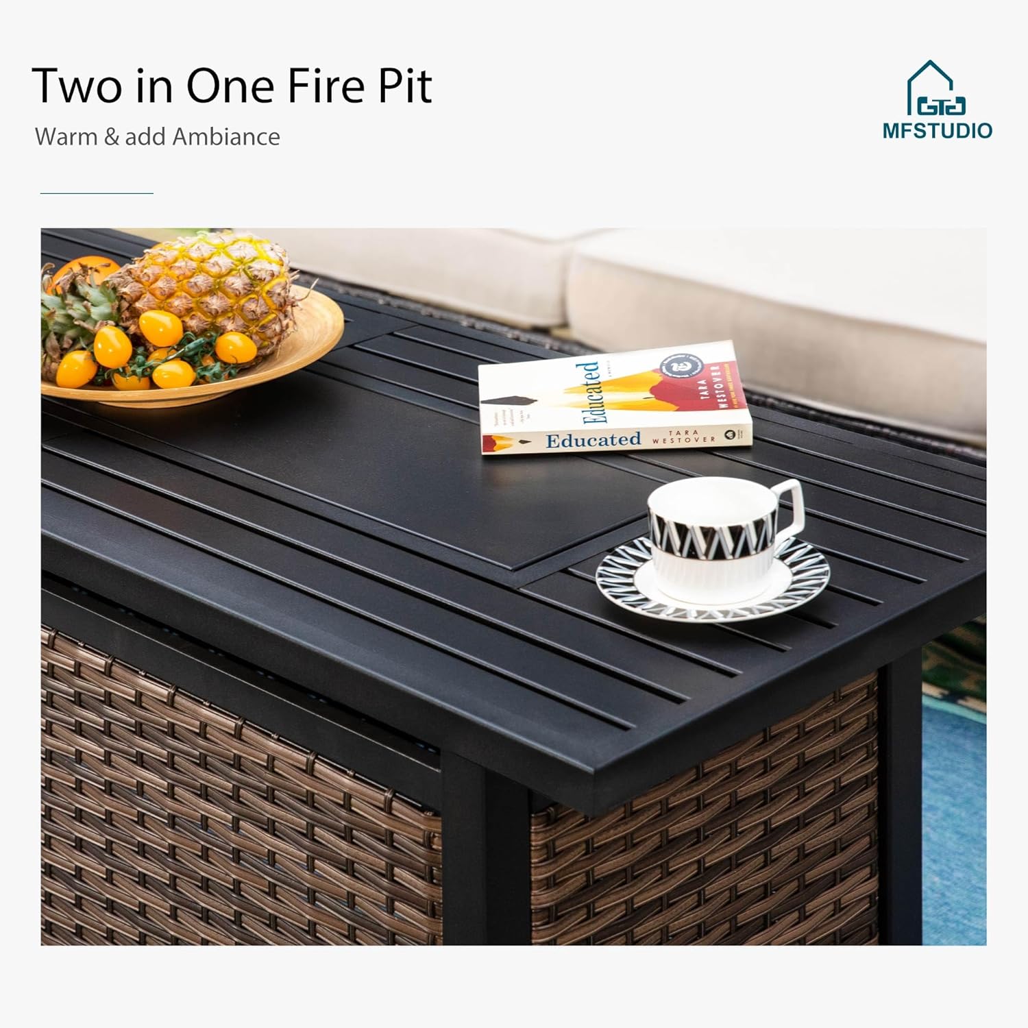 MFSTUDIO 4 Pieces Outdoor Patio Furniture Set, Metal Outdoor Conversation Set, Rattan Wicker Patio Sectional Set with 2 x Swivel Single Sofa, 3-Seat Sofa, 1 x Fire Pit Table, Navy Blue