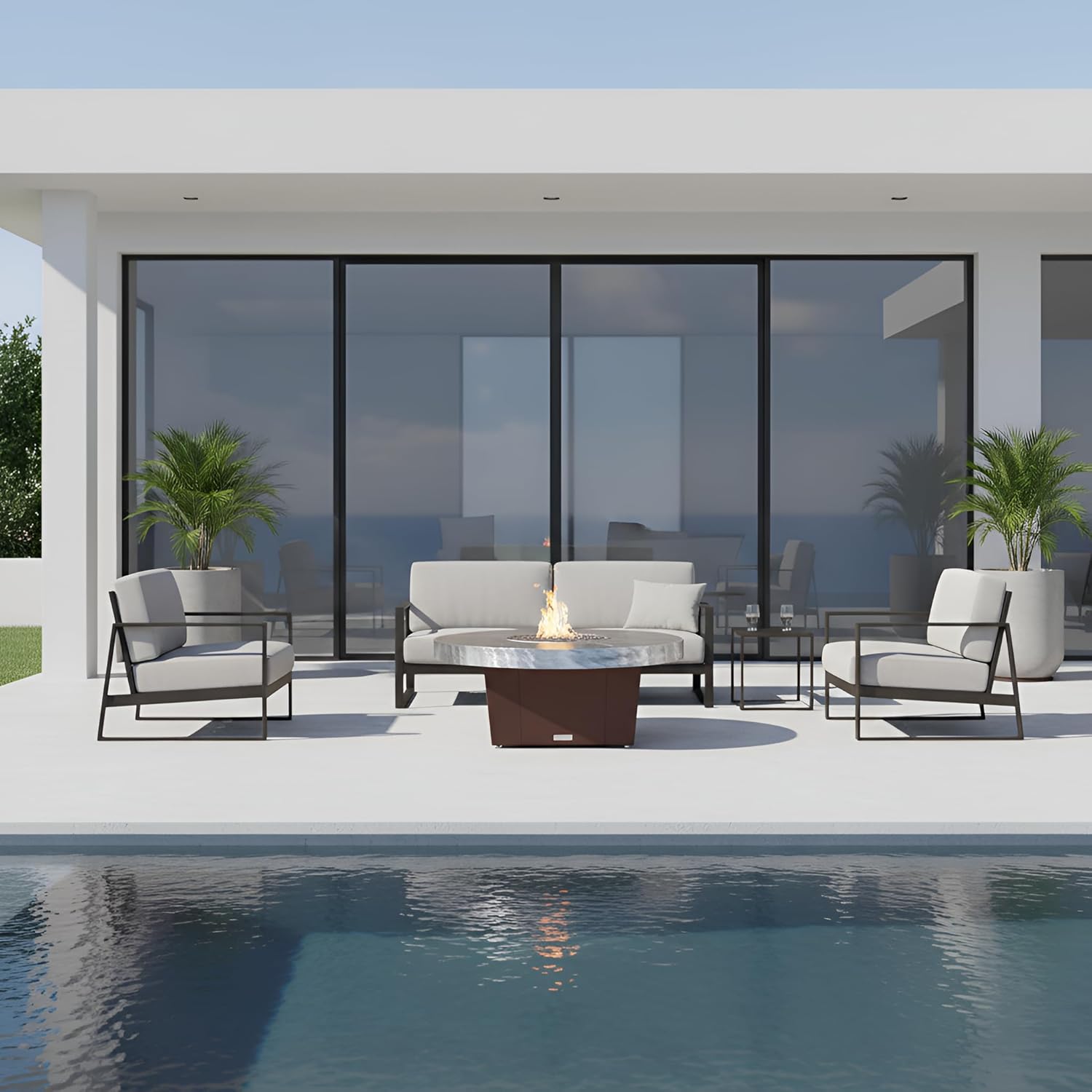 COOKE Parkway Circular Fire Pit Table - 48 Diam - Propane - Brushed Aluminum Top - Dark Cherry Powdercoat Base