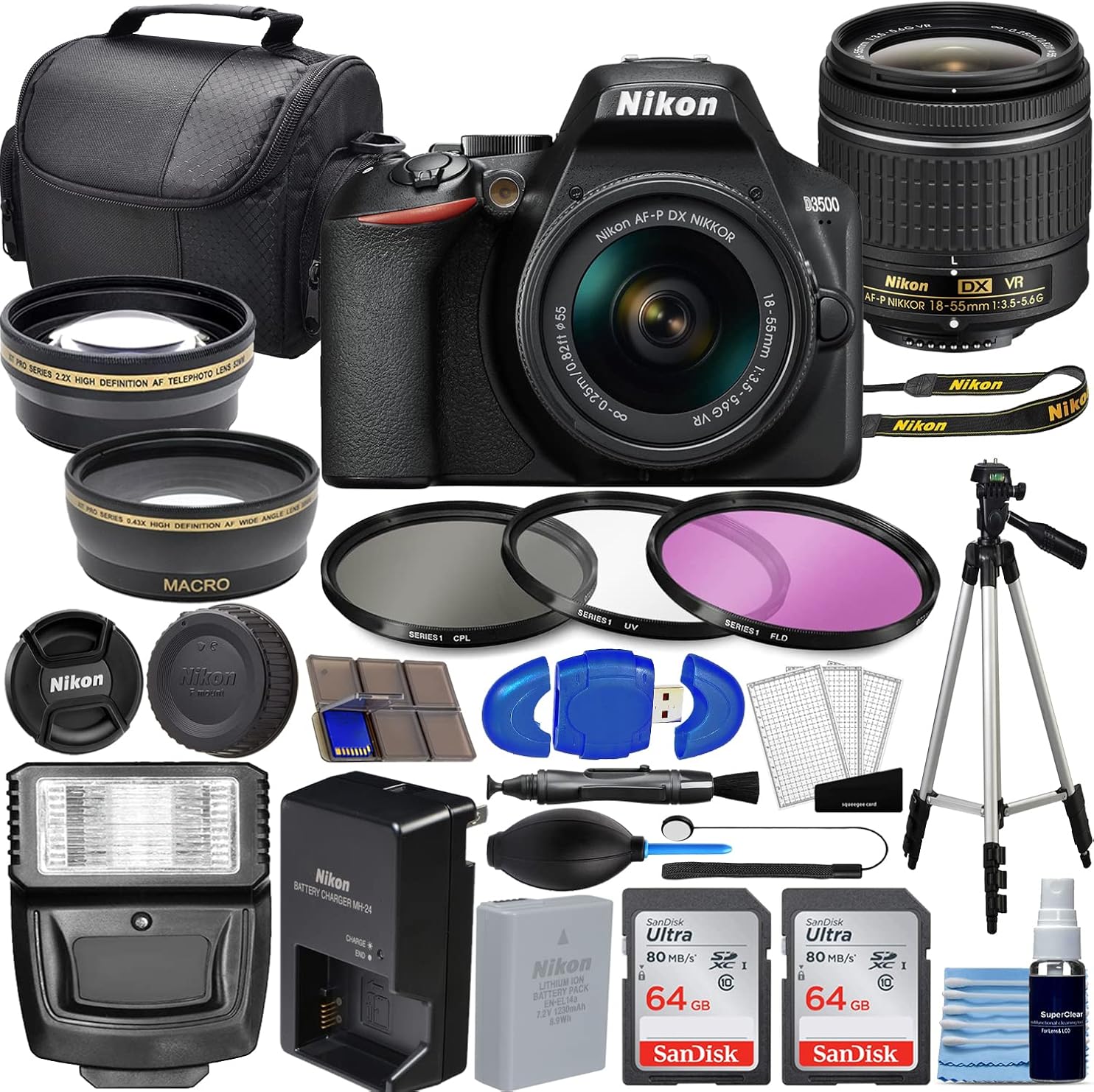 Nikon D3500 DSLR Camera with AF-P 18-55mm VR Lens Kit, 2x 64GB Memory Cards, Wide Angle & Telephoto Lenses, 3pc Filter Kit, Flash, Tripod & Photo Bundle