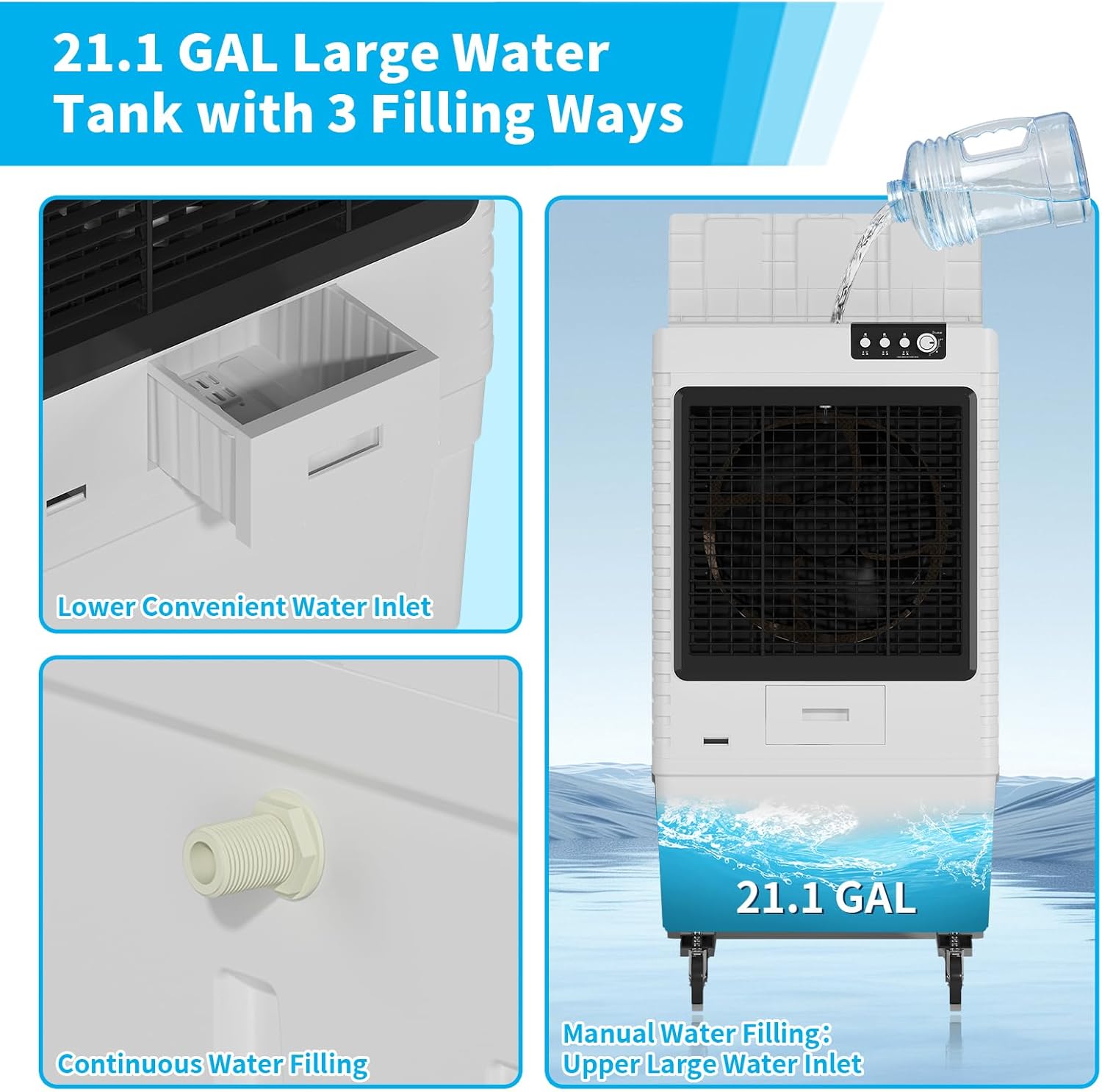 9000CFM Commerial Air Conditioner, Portable Evaporative Air Cooler with 21.1-Gal Water Tank with Water Level Alarm, Remote, 3 Speeds, Ideal for Factory, Garage