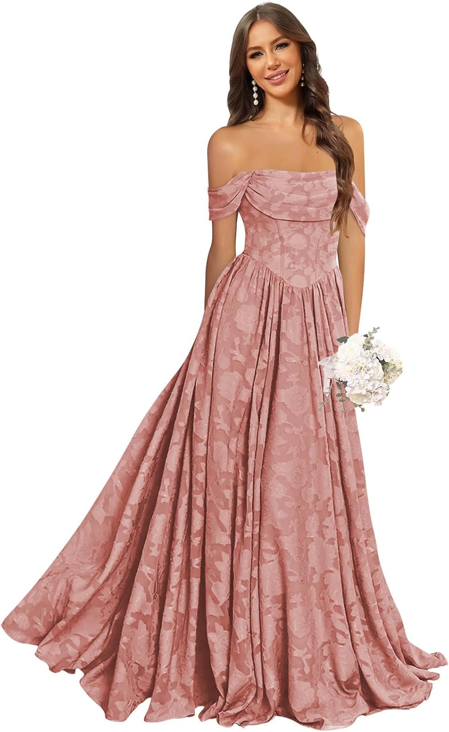 BOLENSYE Floral Bridesmaid Dresses Long Formal Dress Off The Shoulder A Line Ruffles Evening Party Gown for Women