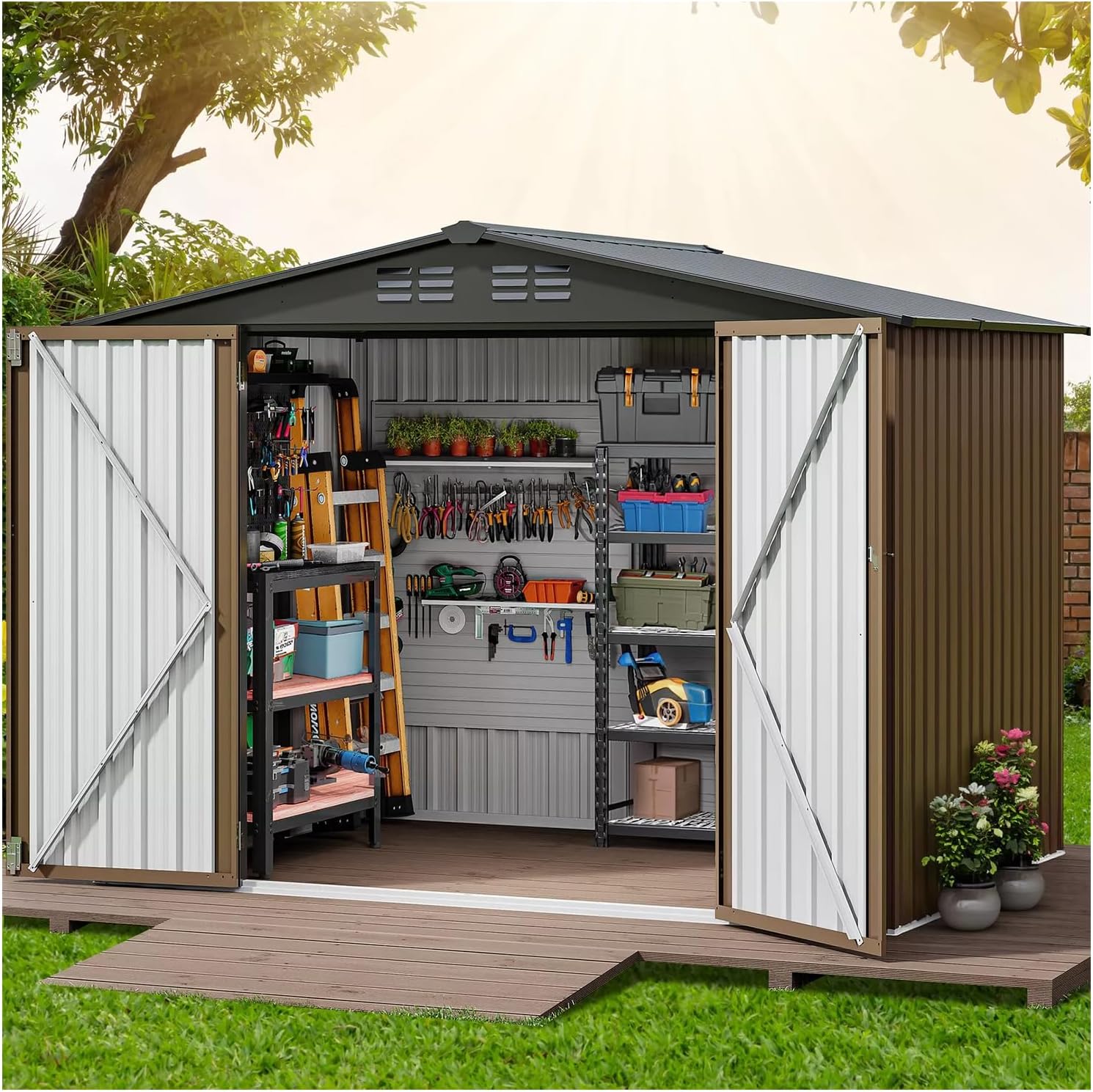 New Two Tone Brown and Black 8x6 FT Outdoor Storage Shed Large Metal Tool Sheds Heavy Duty House Patio Tool Garden Waterproof All Weather Rust Protection Lockable Hinged Doors 92.5