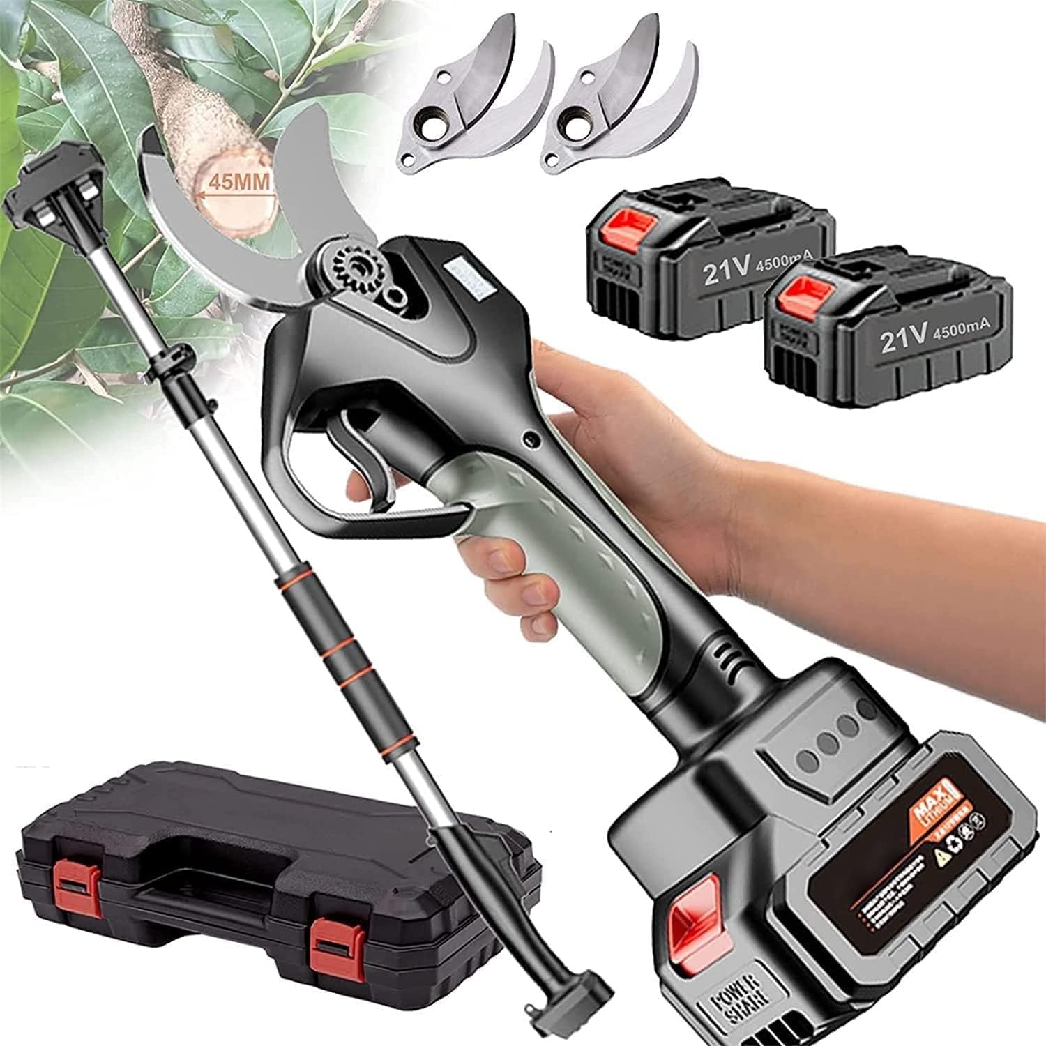 Electric Scissors, Cordless Pruning, Powered Gardening Shears with Extension Pole, 45Mm Cutting Diameter for Garden and High Branch Pruning
