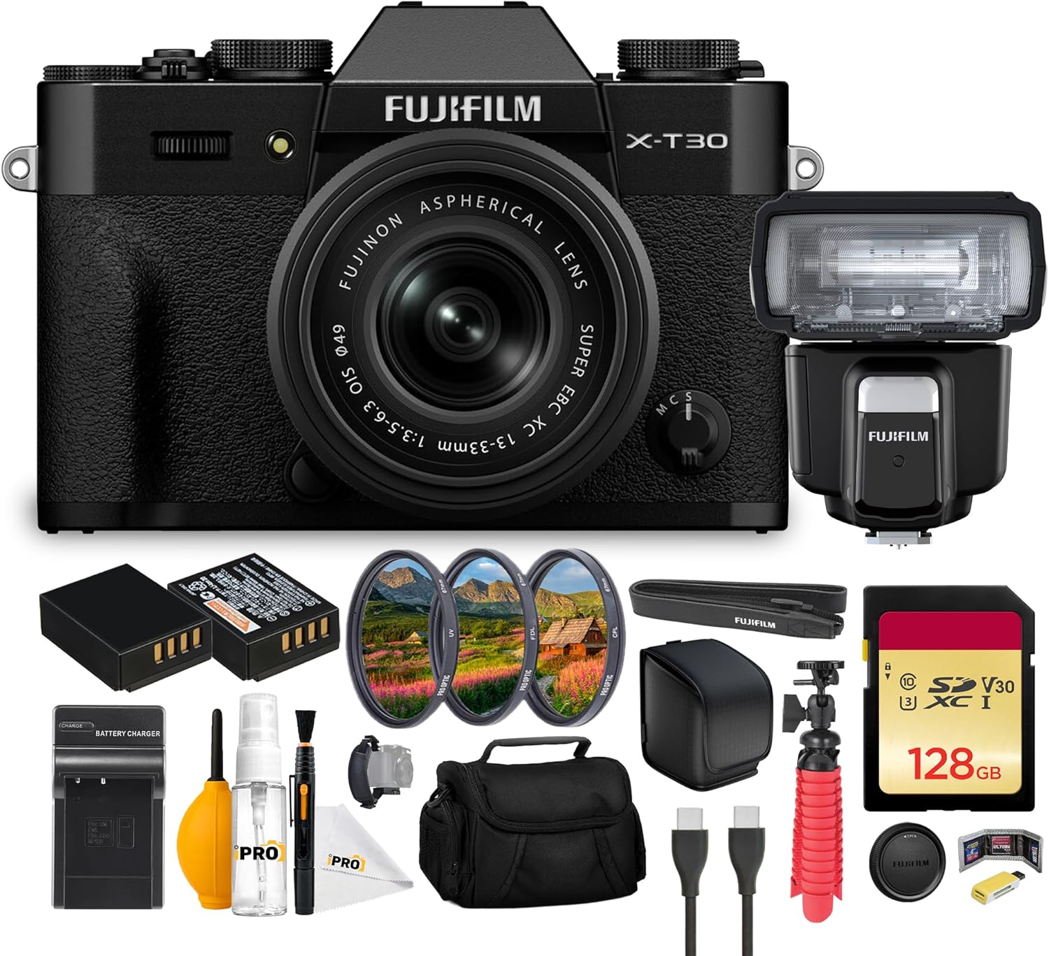 FUJIFILM X-T30 III Mirrorless Camera with 13-33mm f/3.5-6.3 Lens (Black) Bundle with Fuji EF-60 Shoe Mount Flash + Filter Kit UV/CPL/F 49mm + 128GB Memory Card + Flexible Vlogging Tripod + More