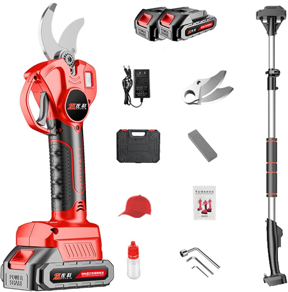 Extendable Tree Pruning Pruner 21V Cordless Electric Pruning Shears, 30mm Cut Electric Pruner Battery Powered,with Extension Pole, LCD Display Screen,3Battery-3blade