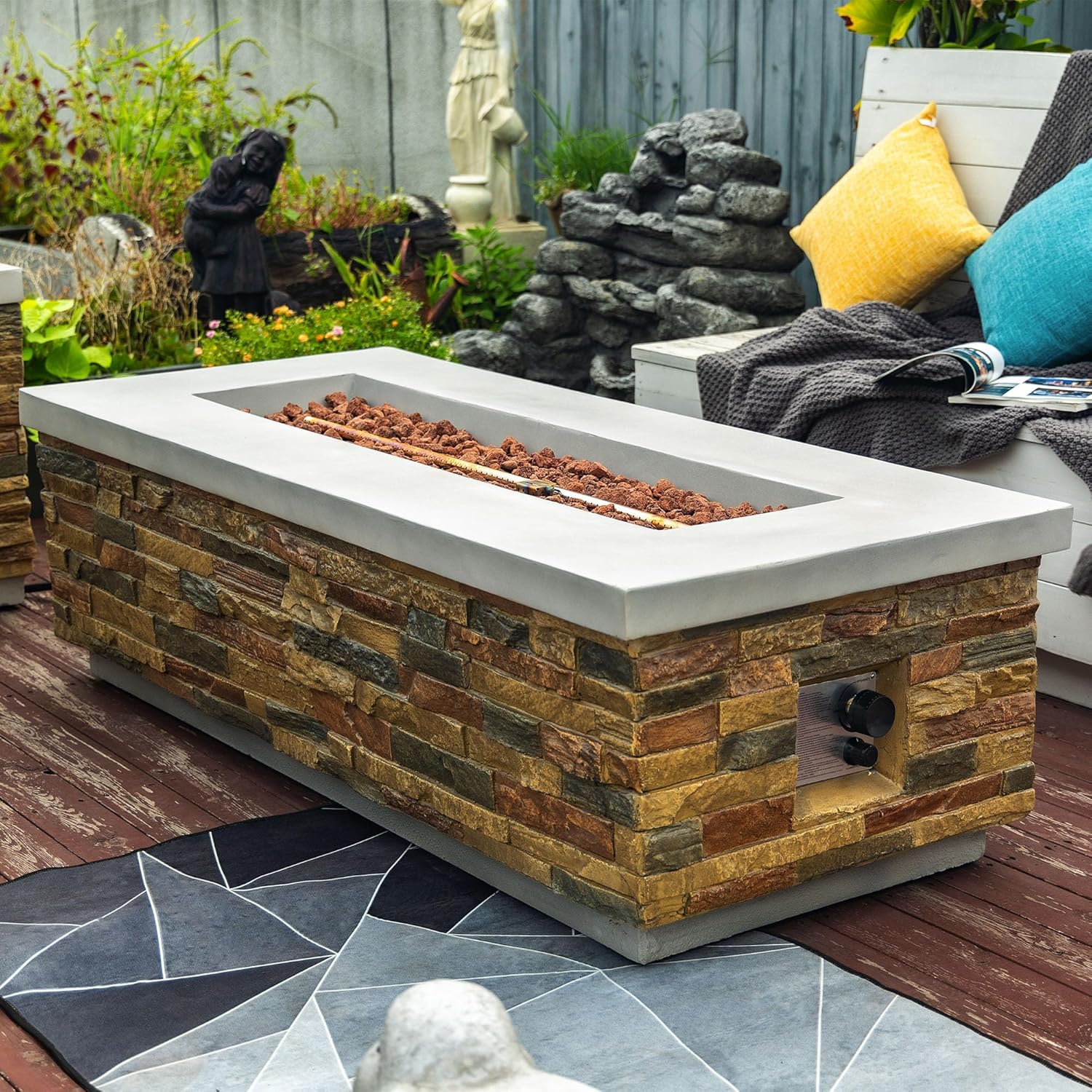 60in Concrete Fire Pit Table with Stone Looks Propane Gas Fire Pit Table