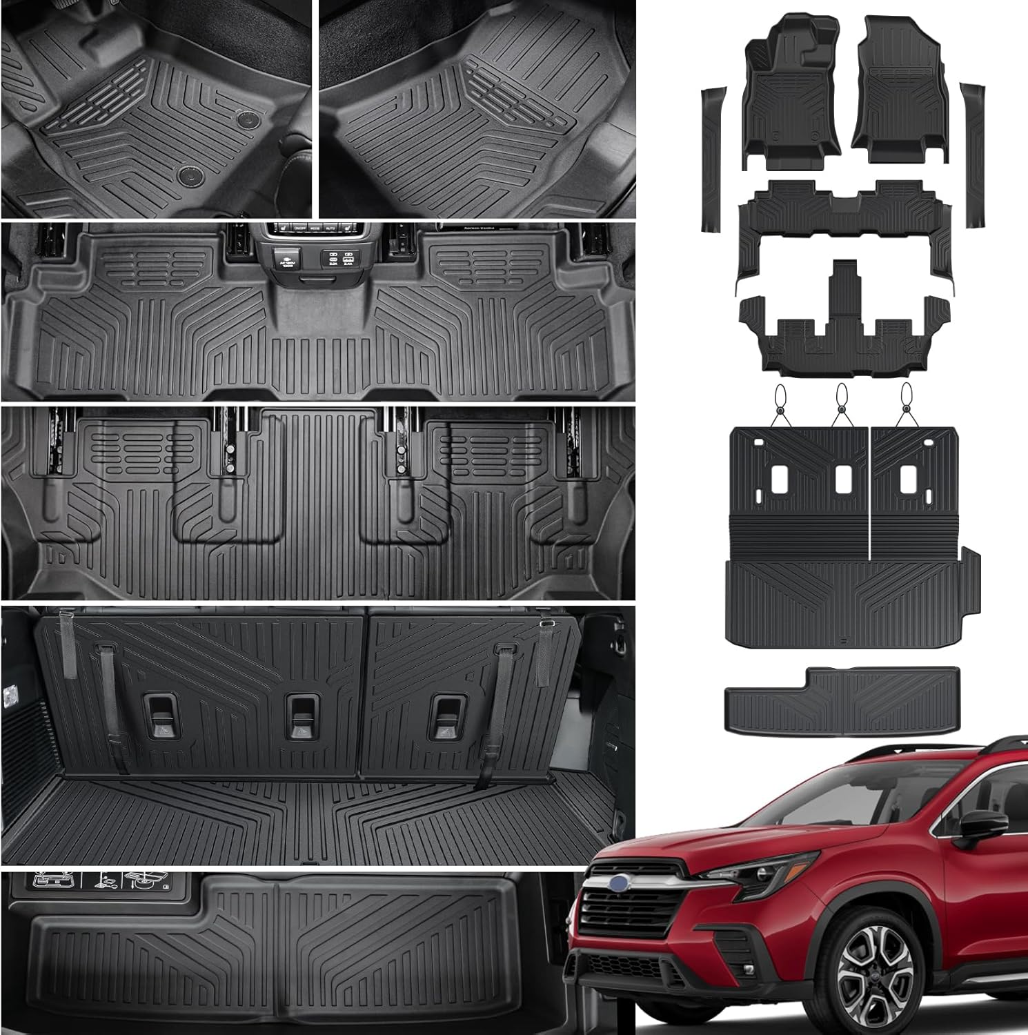 Floor Mats Cargo Mat Backrest Mats Trunk Lower Storage Mat for 2019-2025 Subaru Ascent Accessories, All-Weather TPE Trunk Mat Cargo Liner Door Sill Protector(Floor Mats+2-in-1 Cargo Mat)