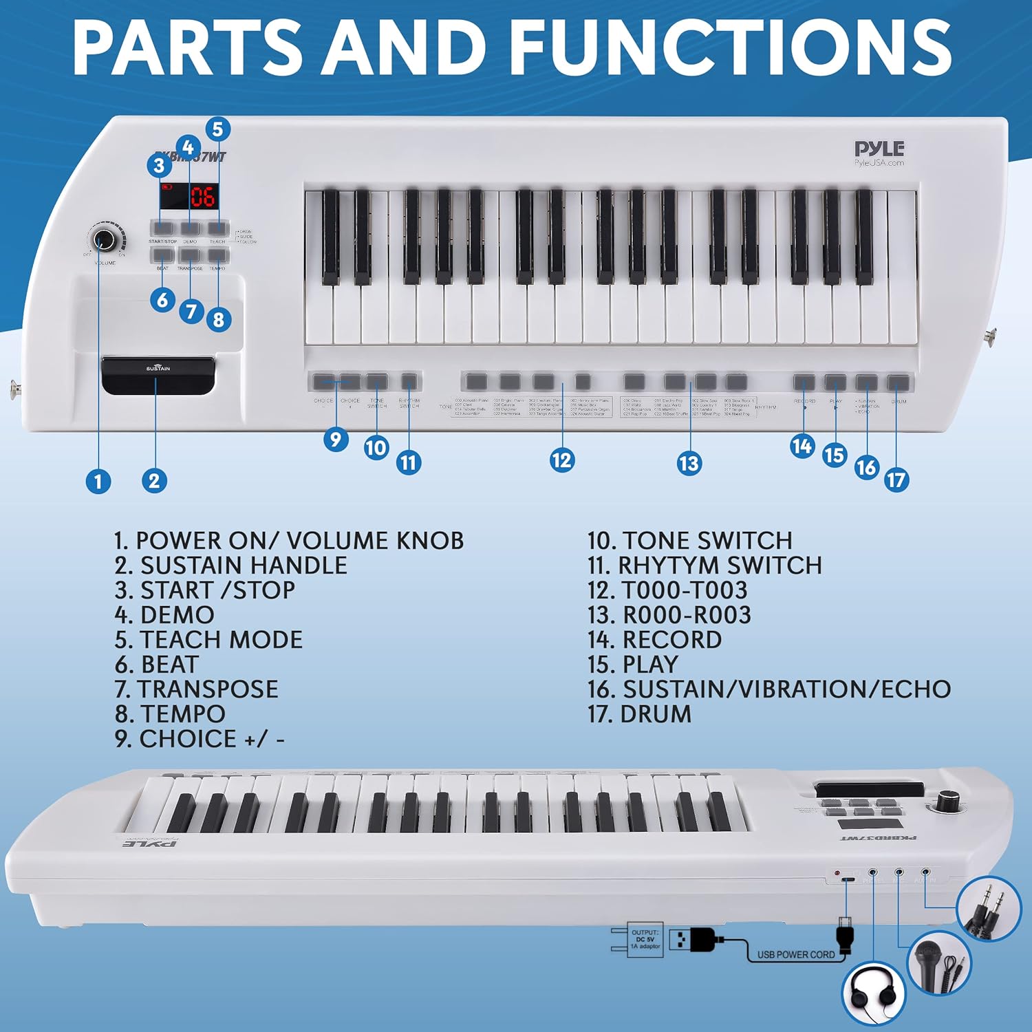 Pyle Portable Piano Keyboard, Compact Design 37 Key Electronic Piano Keyboard & Digital Musical Board with Built-in Rechargeable Battery, Wired Mic, Speakers & Carry Strap, 27.7’’ x 8.8’’, White