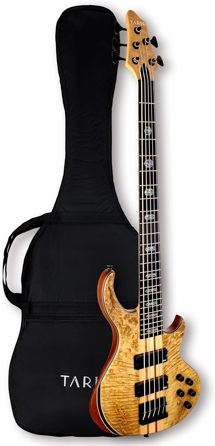 TARIO 5 String Electric Bass Guitar Burl poplar top Millettia Laurentii Okoume body Maple Fretboard