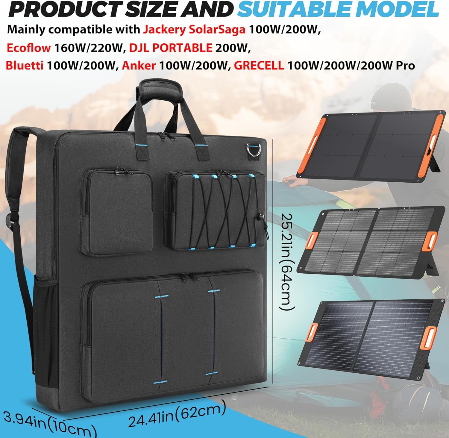 Solar Panel Storage Bag Compatible with Jackery SolarSaga 100W 200W/Anker 100W 200W/Ecoflow 160W 220W/Bluetti 100W 200W, Travel Carrying Case for 2 Battery Panels, Solar Panel Bag with Multiple Pocket