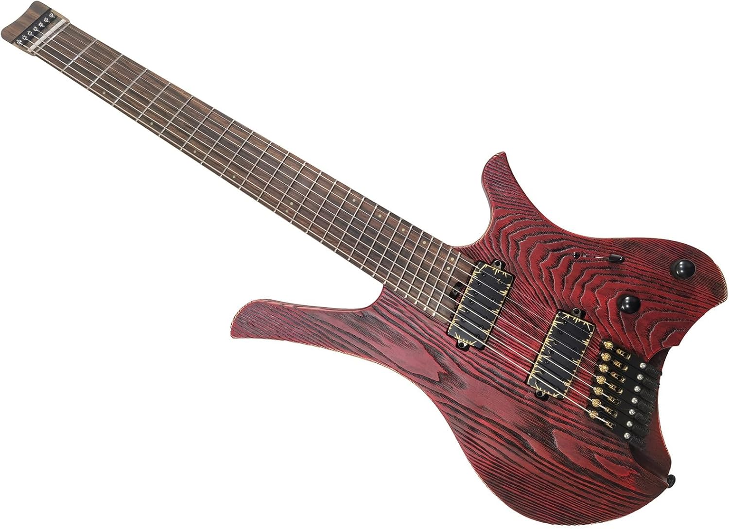 VENEKA Headless Electric Guitar 7 Strings Handmade Headless Electric Guitar with Stainless Steel Fan-Shaped Frets Ash Wood Body 3 Way Converter