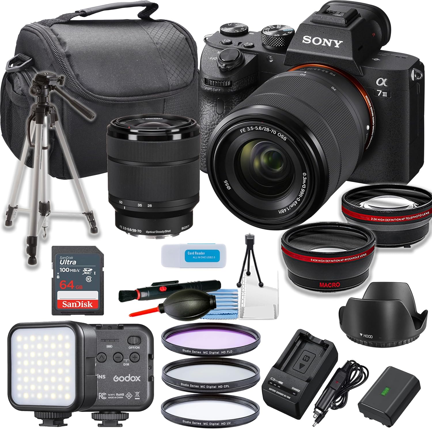 Sony a7 III Mirrorless Camera with 28-70mm Lens Vlogging/Video Creator Bundle with Portable LED Light, 64Gb Memory Card, Tripod, Filter Kit, Cleaning Kit + Accessories (Renewed)