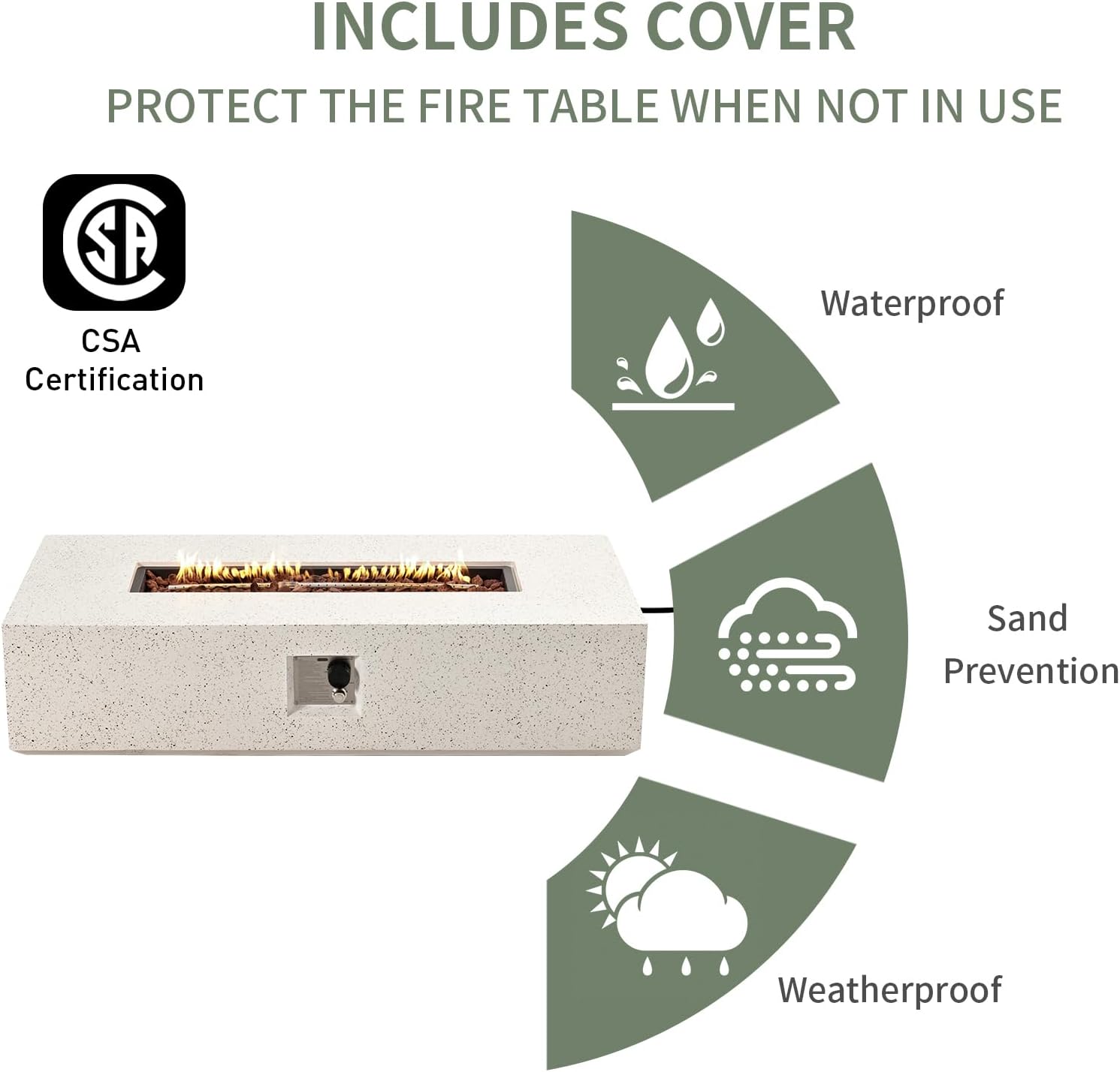 COSIEST 56-inch x 28-inch Outdoor Propane Fire Pit Coffee Table w Concrete Rectangle Base, 50,000 BTU, Free Lava Rocks and RainCover, Fits 20lb Tank Outside