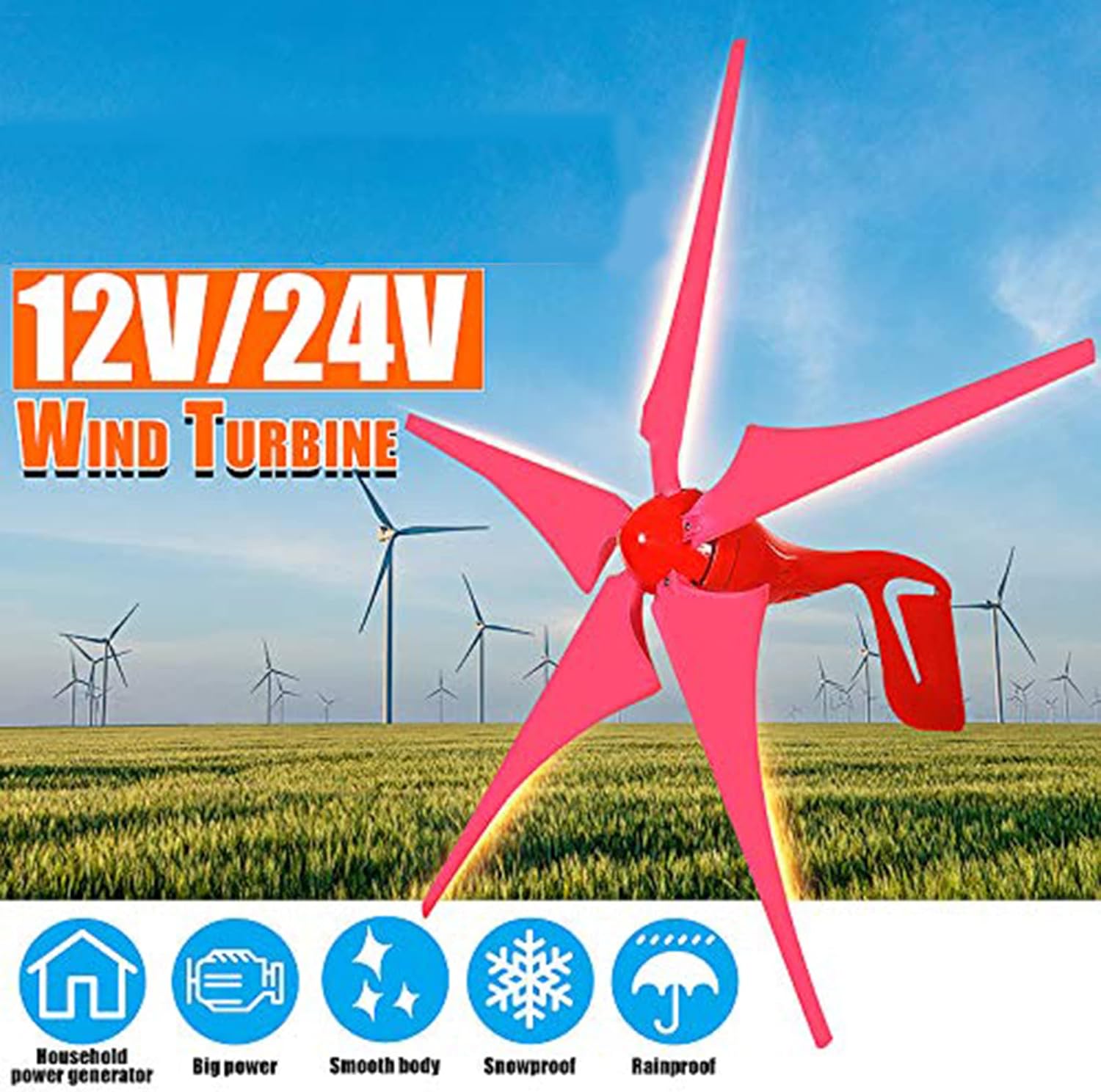 1000W-3000W 12V-48Vportable Vertical Wind Power Turbine Generator Kit, No Noise Vertical Wind Turbine Generator, with Charge Controller for Homeuse Residential(Red)