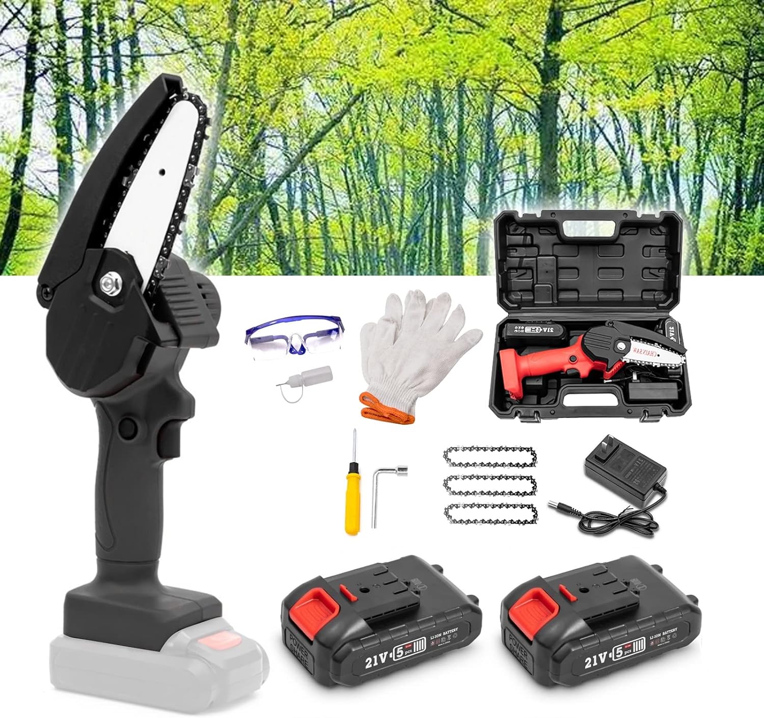 Mini Chainsaw, Portable Handheld Chainsaw 4-Inch with Security Lock,Power Chain saws with 1500mAh 21V 1.5Ah 2 Batteries Powered Kit and 4Pcs Chains,for Tree Trimming Branch Wood Cutting