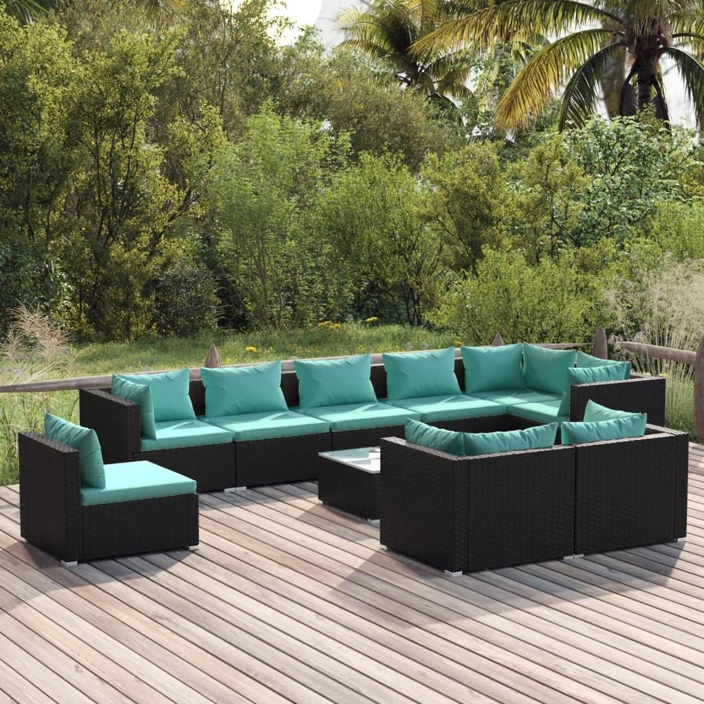 10 Piece Patio Lounge Set with Cushions Poly Rattan Black,WaterResistant Poly Rattan Patio Lounge Set with Modular Sofa and Cushions for Outdoor Leisure Furniture Sets for Patio, Lawn & Garden